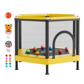 Trampoline for Kids, Toddler Mini Trampoline, 132 lbs Capacity Indoor Outdoor Play Toys with Enclosure Net and Basketball Hoop, Easy to Assemble