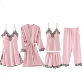French Pajamas Spring And Summer Thin Ice Silk Nightdress Five-piece Suit (Option: Pink-M)